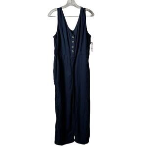 Time And Tru Navy Blue Linen Jumpsuit Romper M (8 - 10) Button Up No Belt NWT